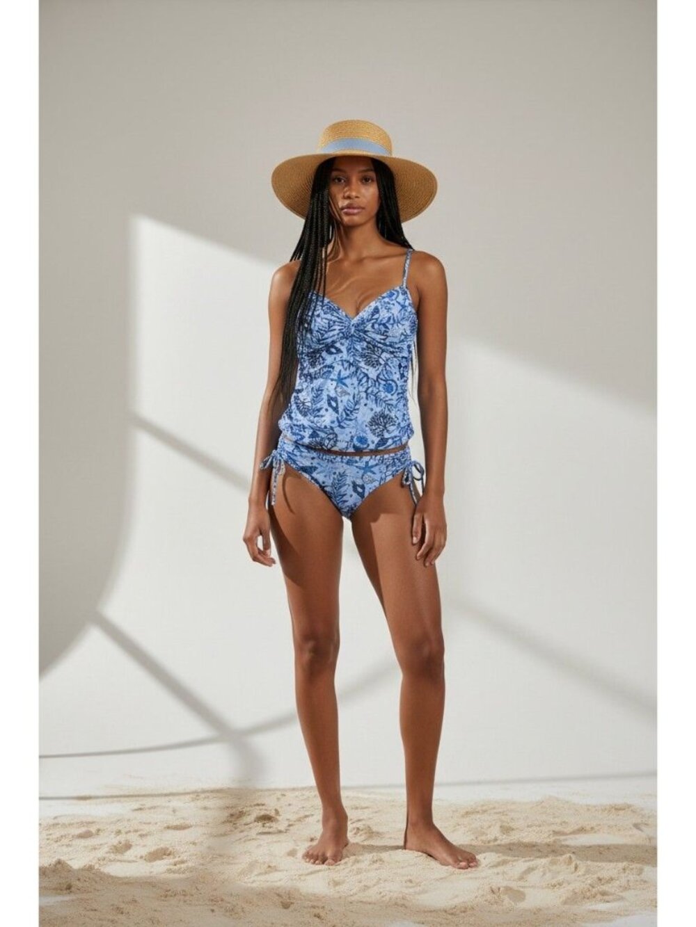 Stella Parker Tankini Swimsuit Set XL Blue Seashells & Coral Nautical Print Adju
